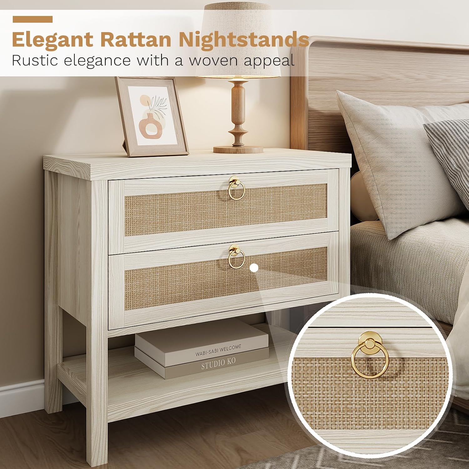 White Rattan Storage Nightstand Set