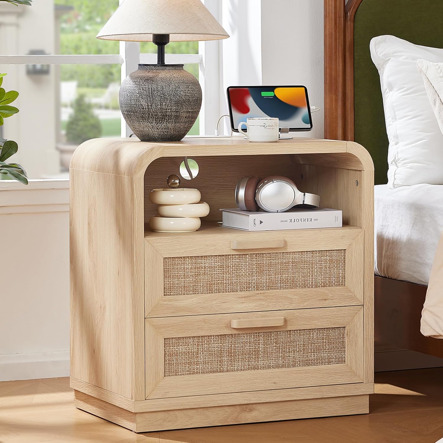 Curved Rattan Charging Nightstand