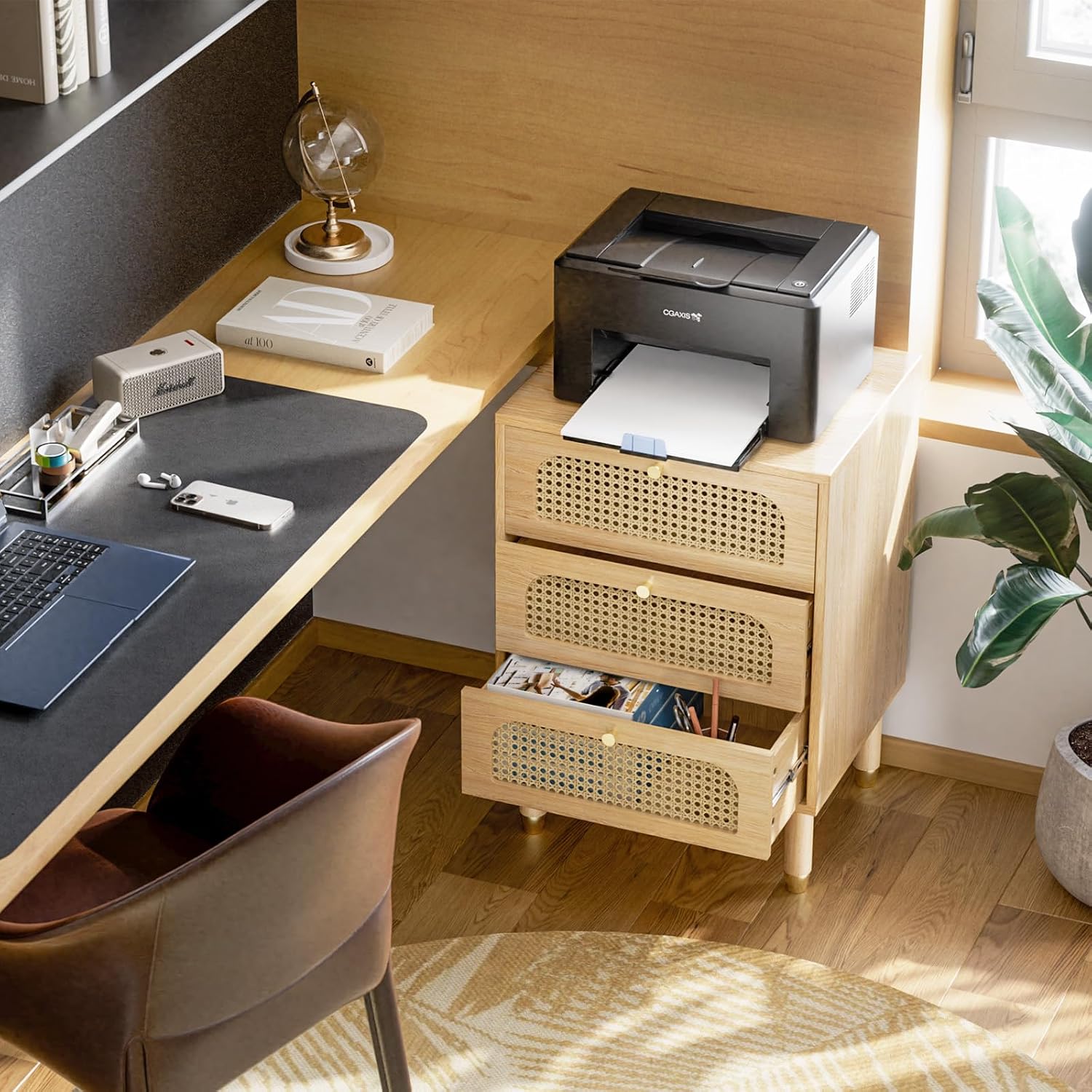 Rattan Charging 3-Drawer Nightstand Set