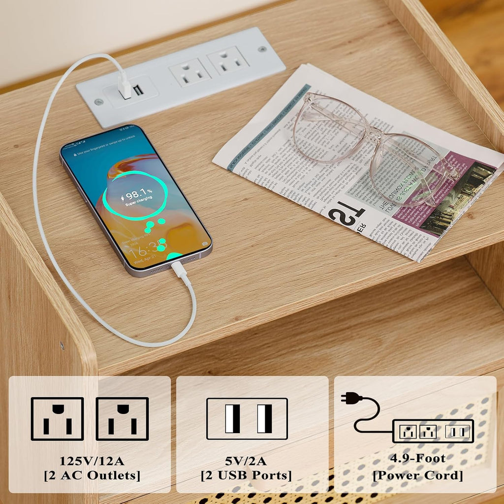 Rattan Charging Station Nightstand