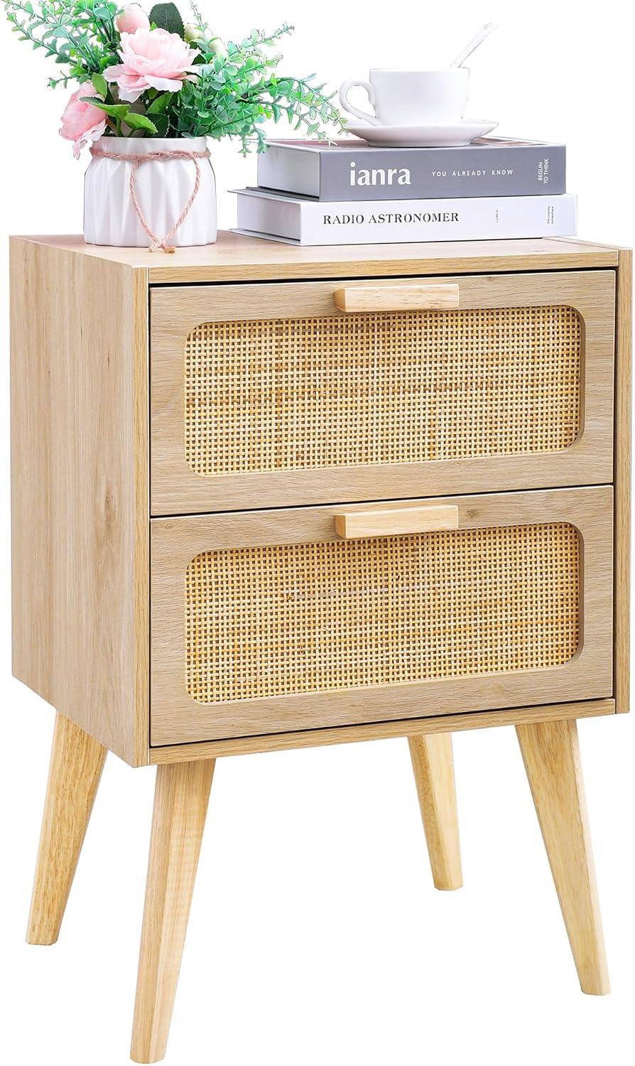 Rattan Wood Storage Nightstand