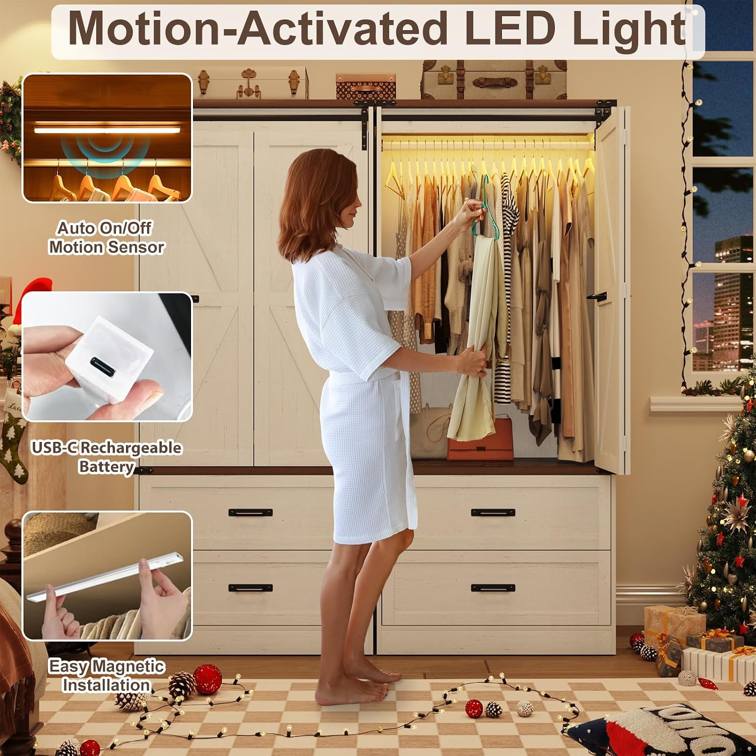Farmhouse Sliding Door LED Wardrobe Closet