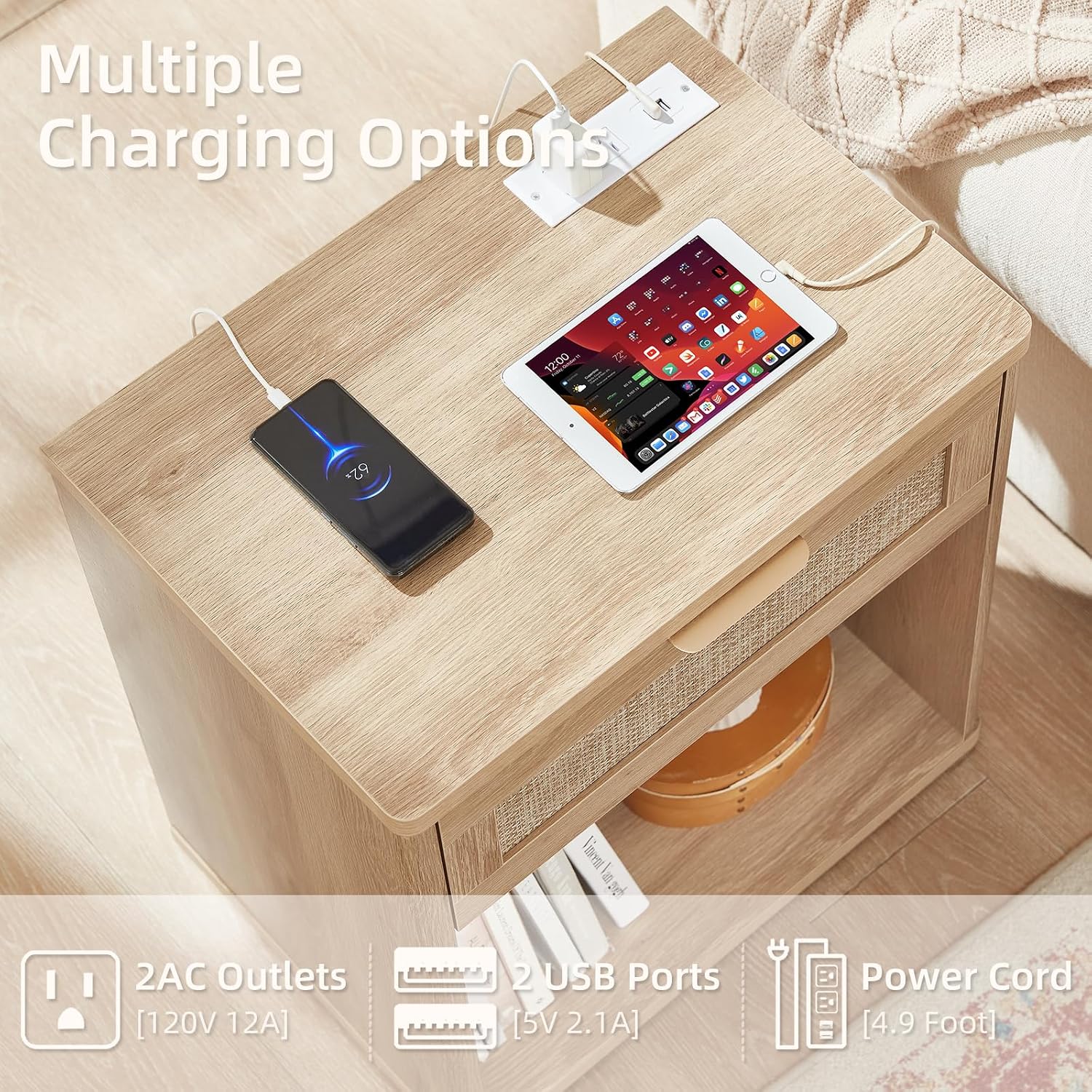 Rattan Charging Station Nightstand Set