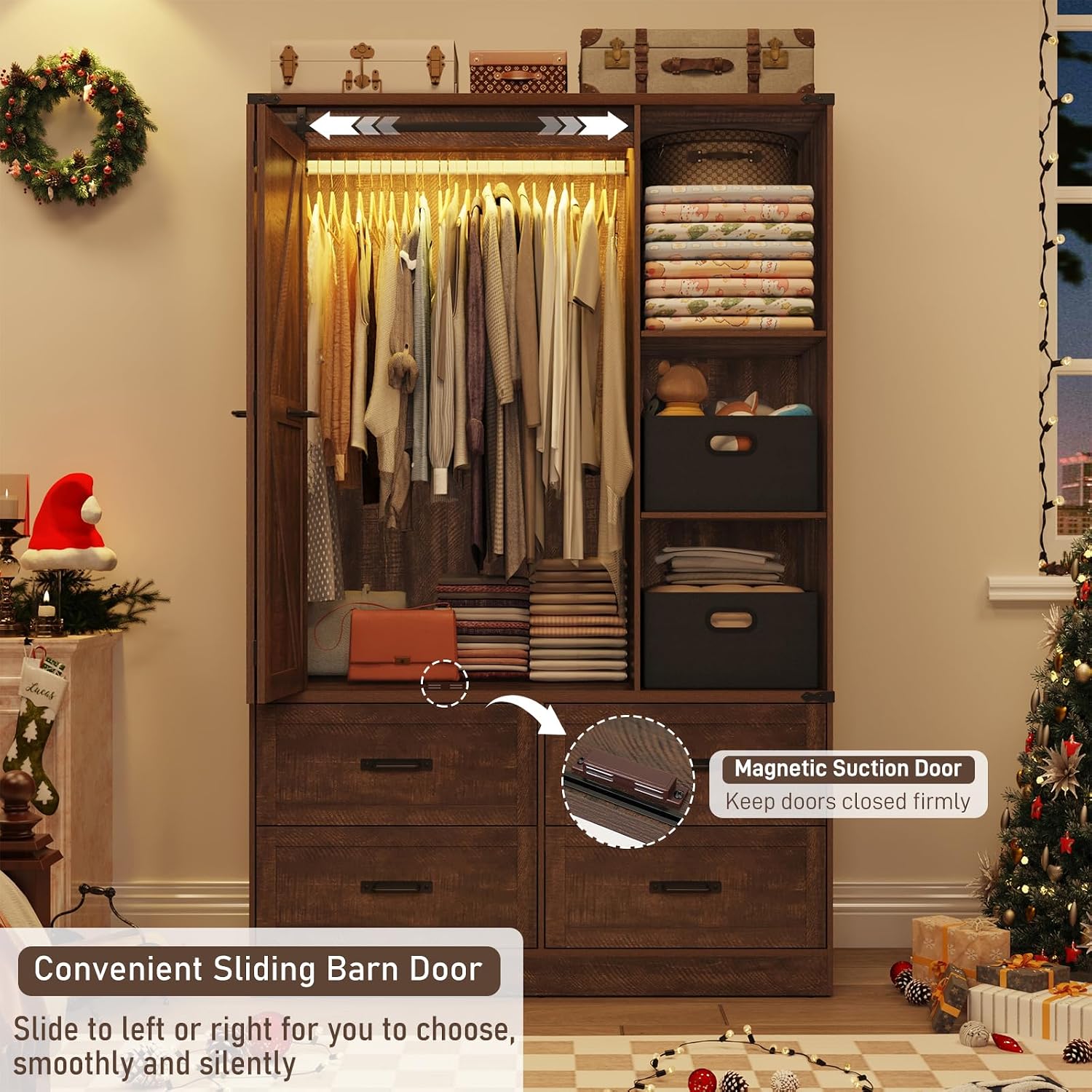 Farmhouse Sliding LED Wardrobe Closet