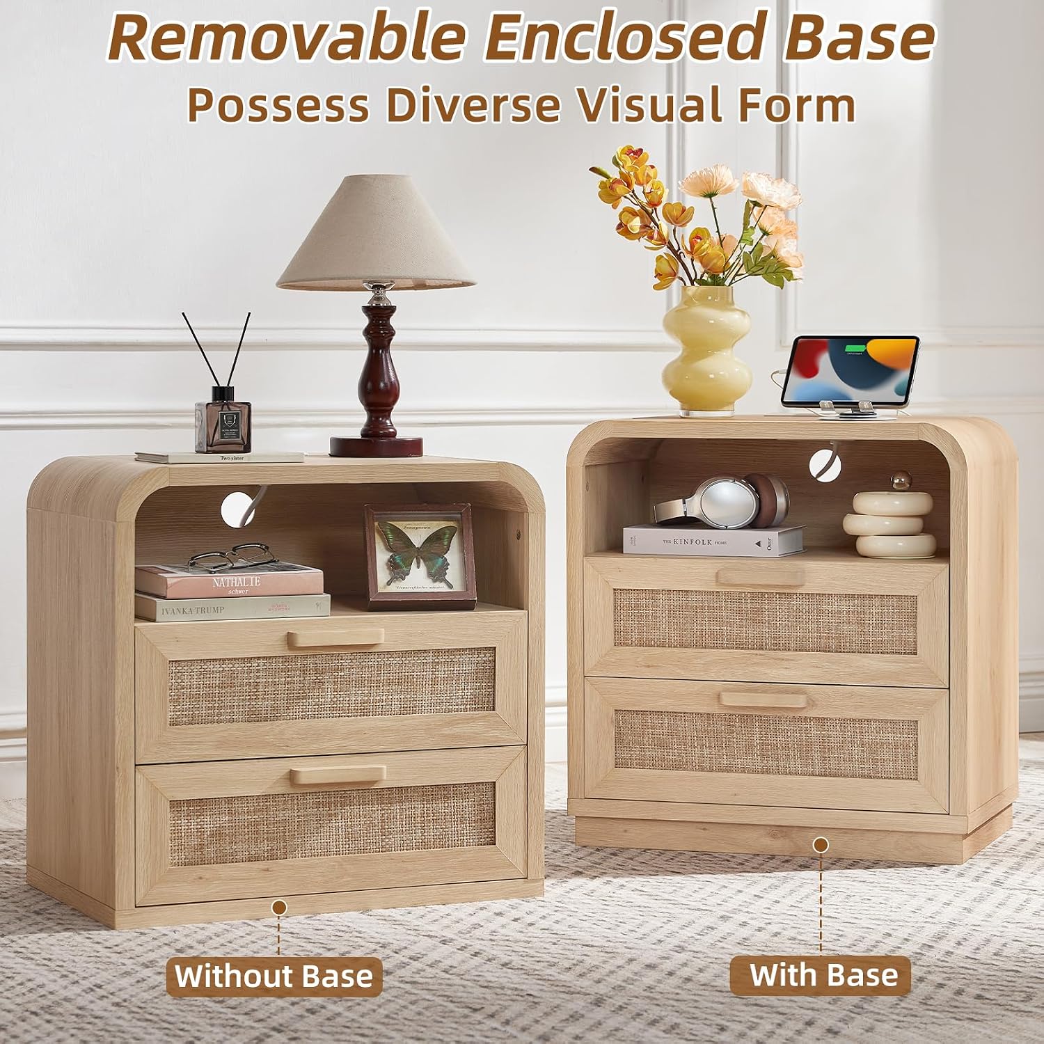 Curved Rattan Charging Nightstand