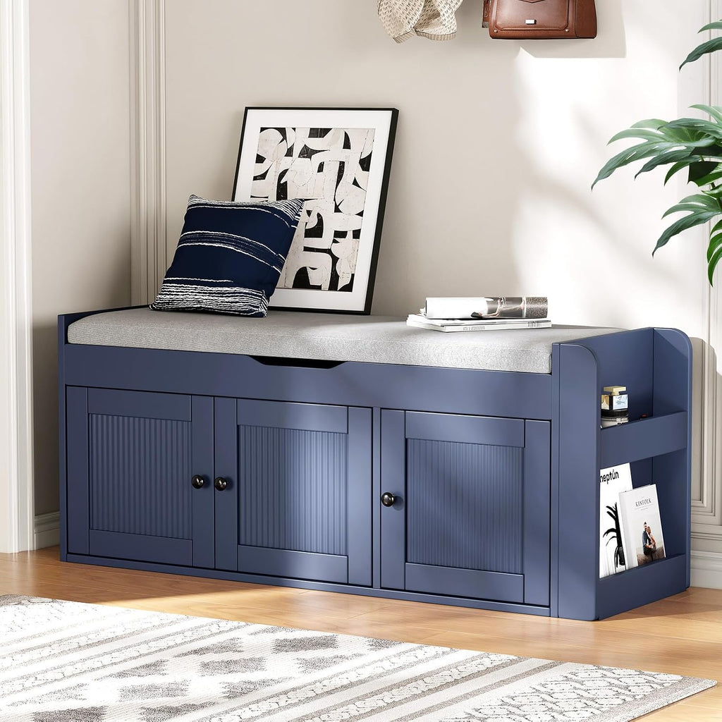 Navy Blue Cushioned Shoe Bench With Side Shelves