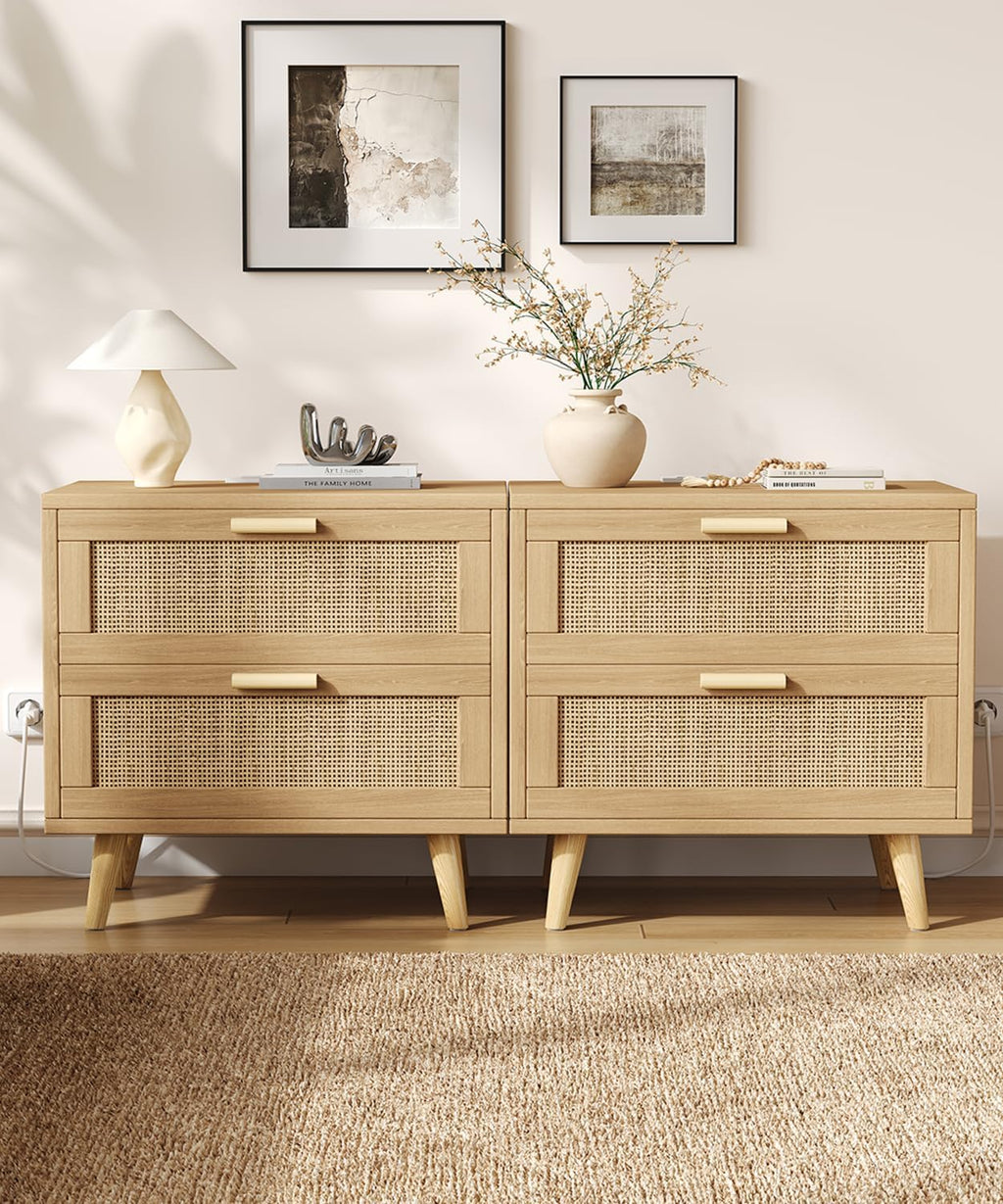 Rattan Charging Station 2-Drawer Nightstand