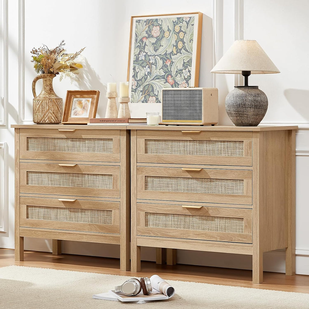 3-Drawer Large Rattan Nightstand Set