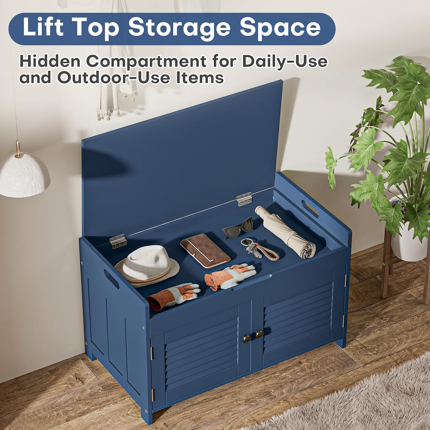 Blue Cushioned Lift Top Shoe Storage Bench