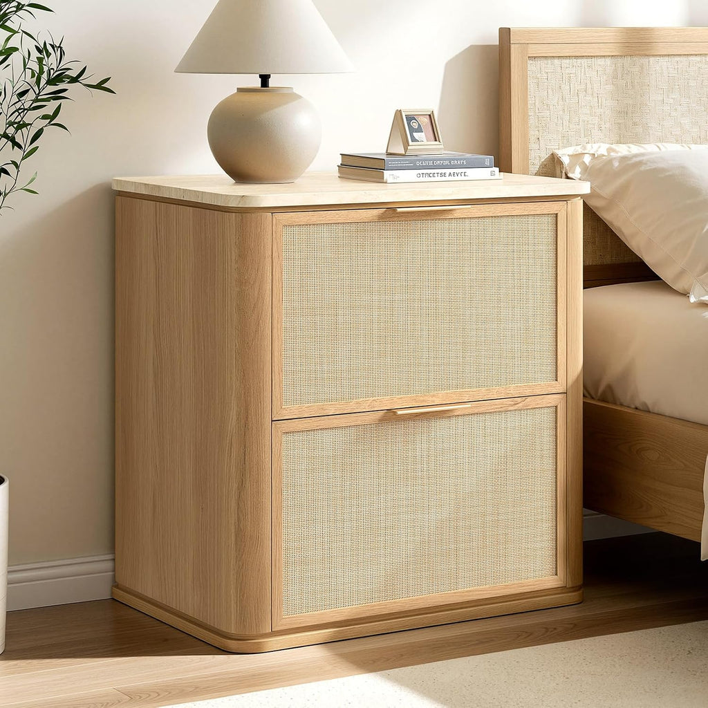 Faux Marble Top Rattan Nightstand Set