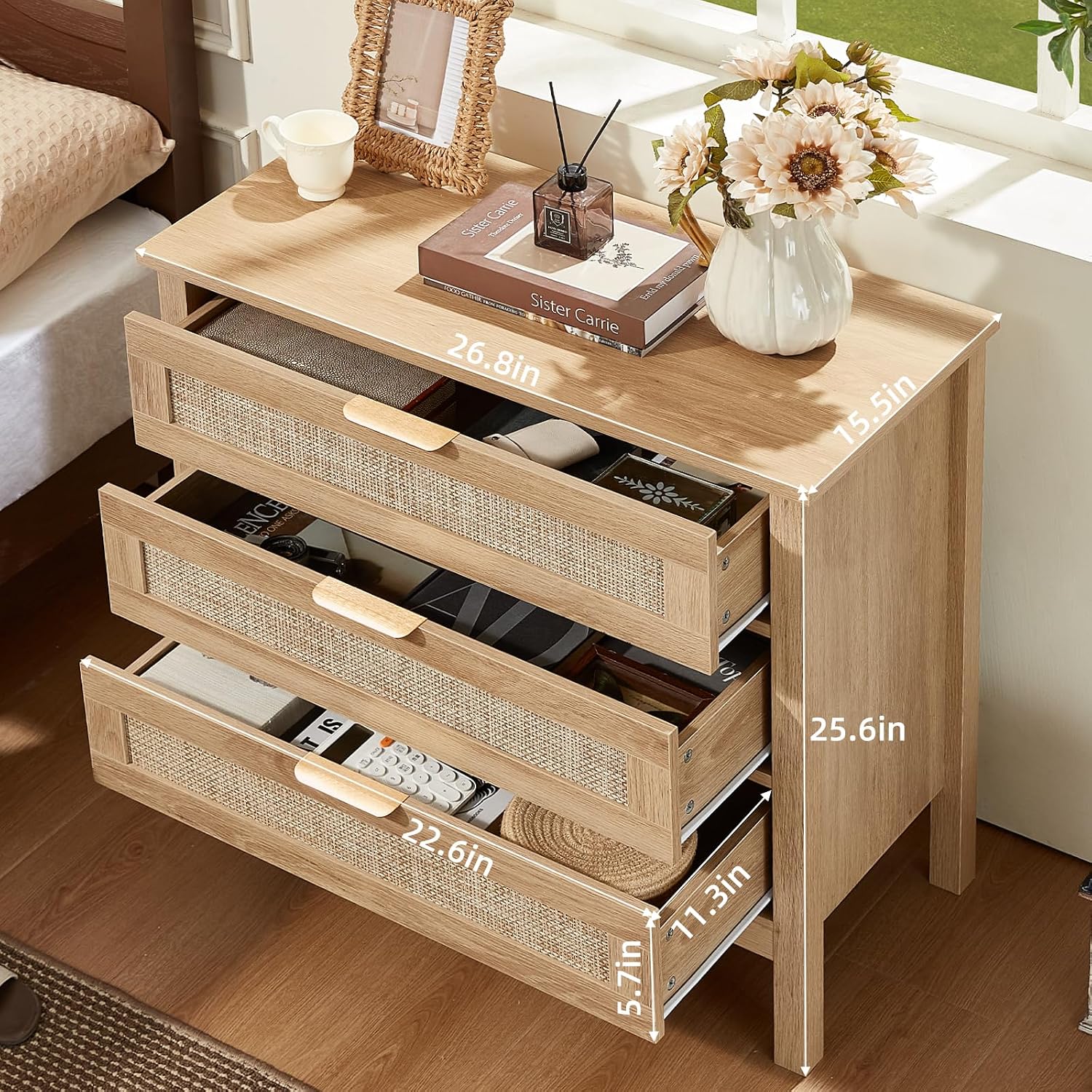 3-Drawer Large Rattan Nightstand Set