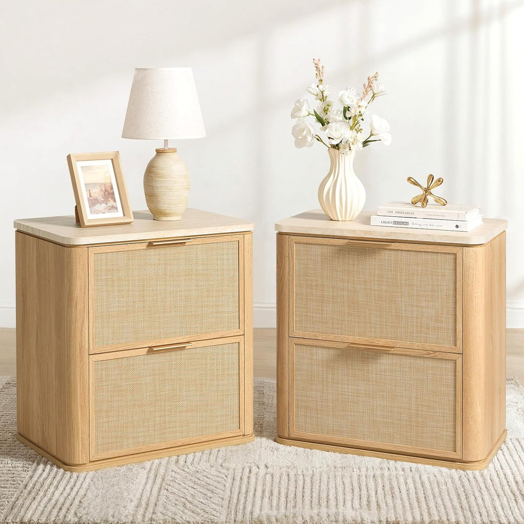 Faux Marble Top Rattan Nightstand Set
