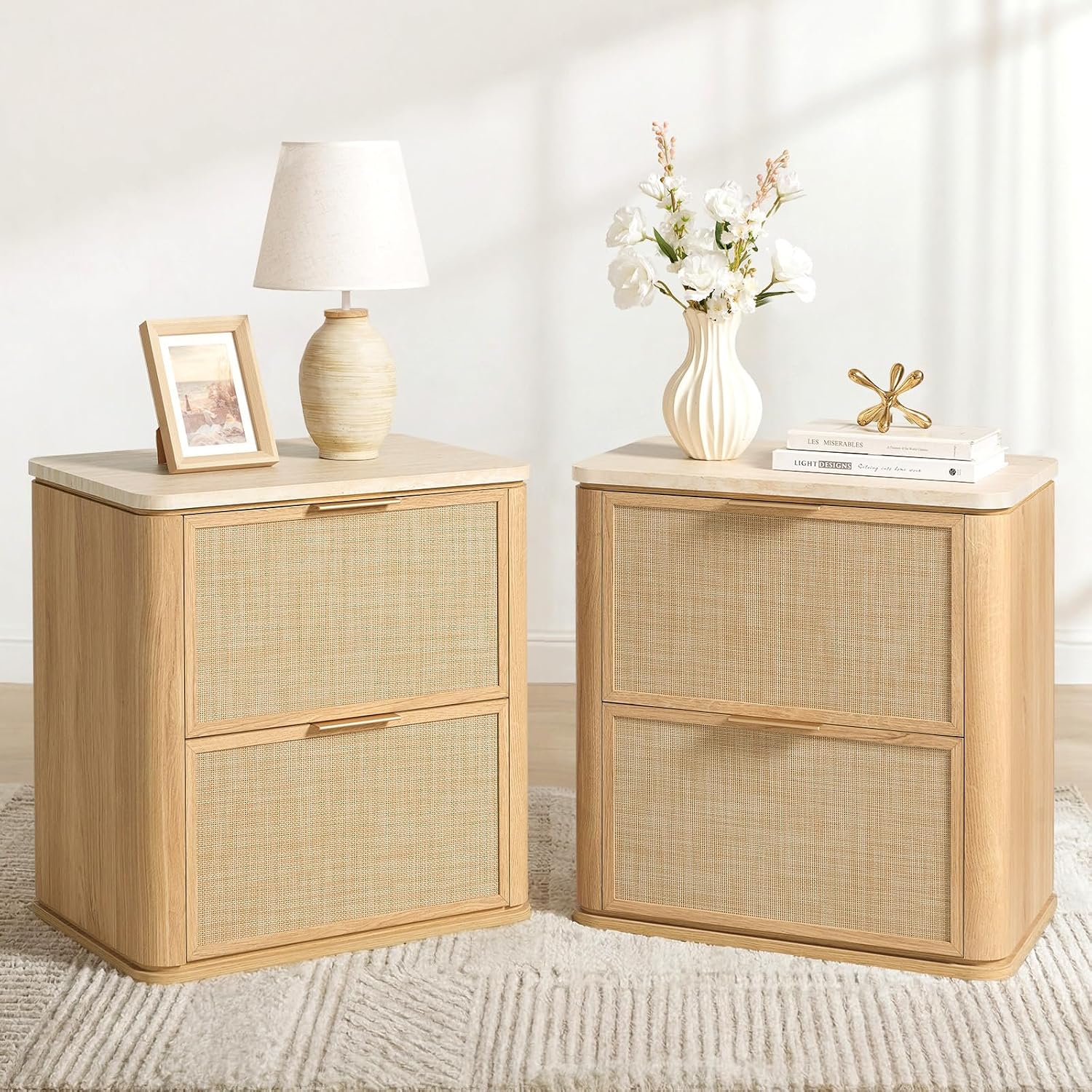 Faux Marble Top Rattan Nightstand Set