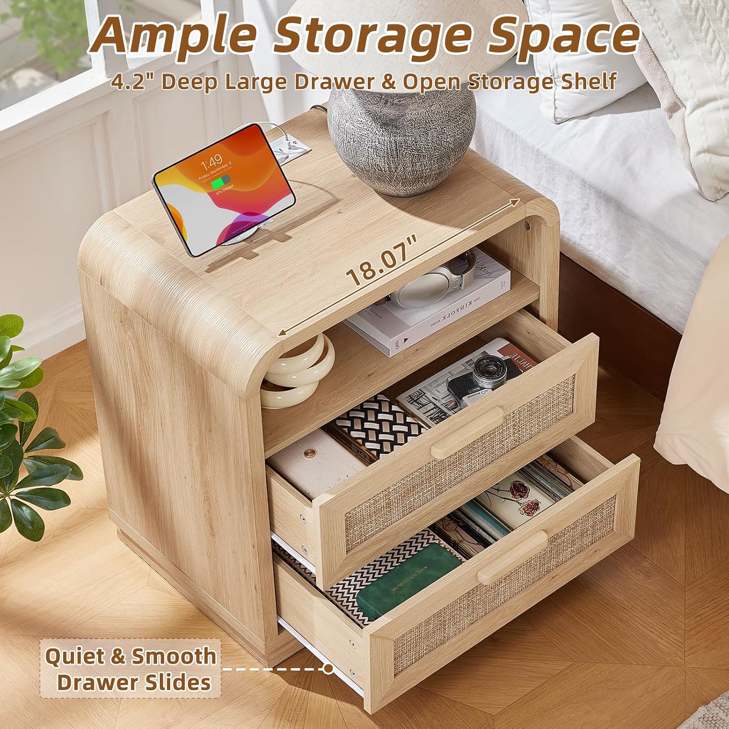 Curved Rattan Charging Nightstand