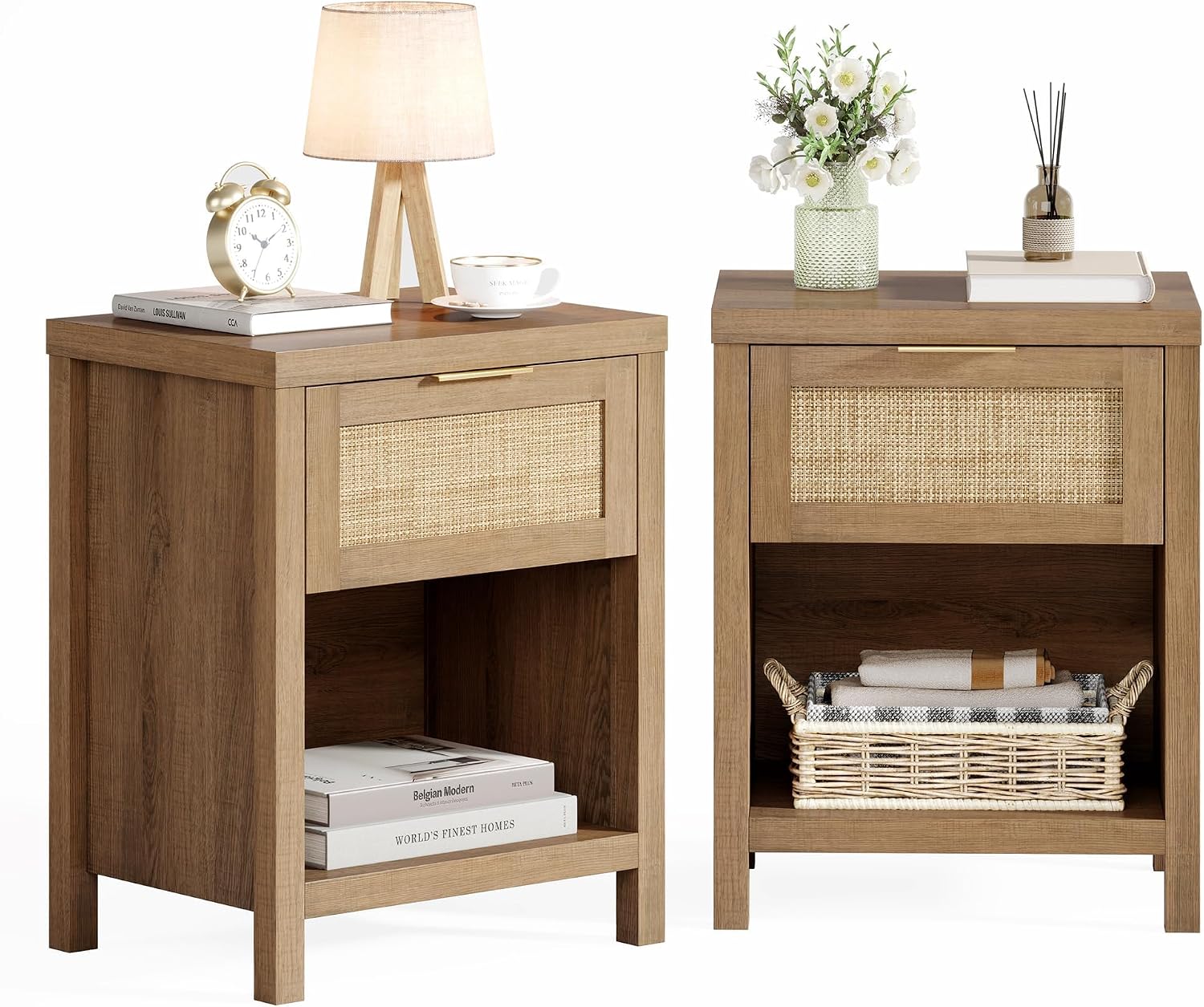 Boho Rattan Storage Nightstand Set