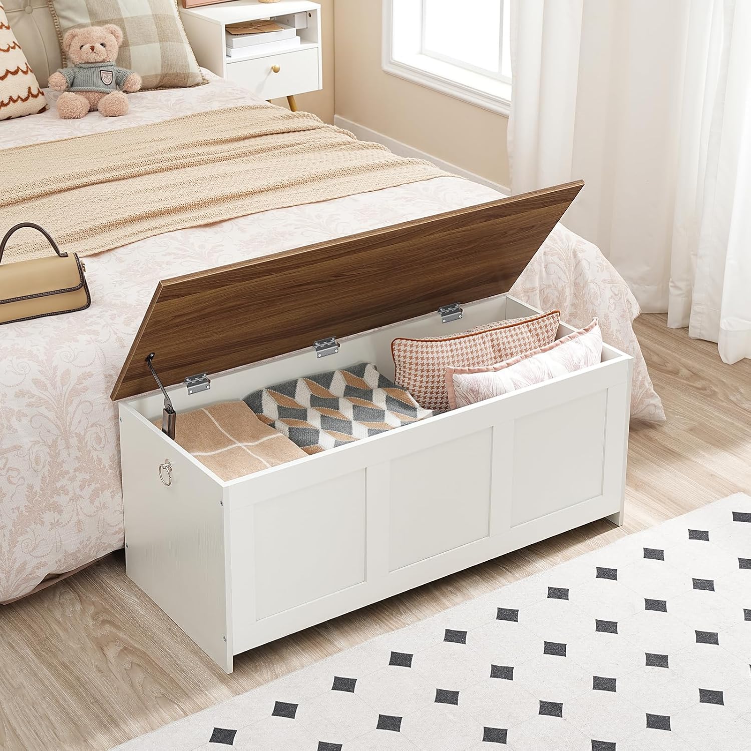 White Walnut Retro Lift Top Wooden Storage Bench