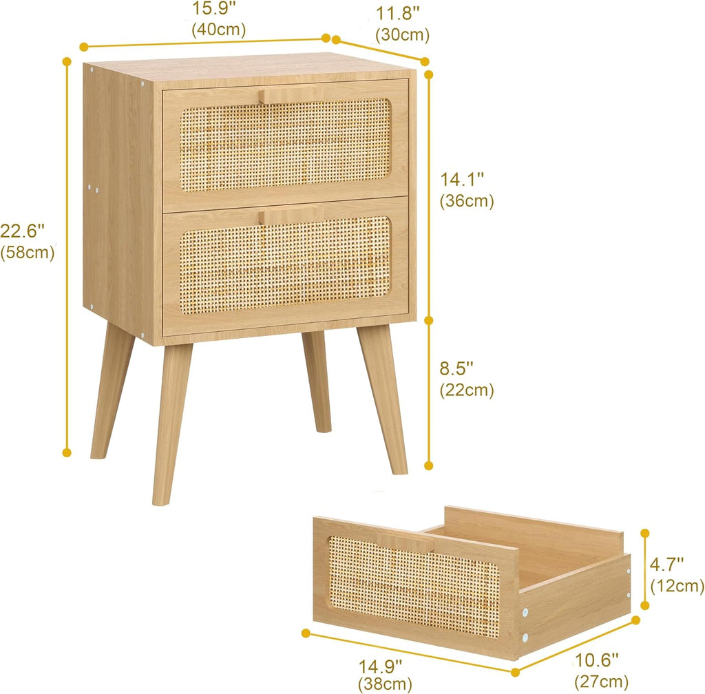 Rattan Wood Storage Nightstand