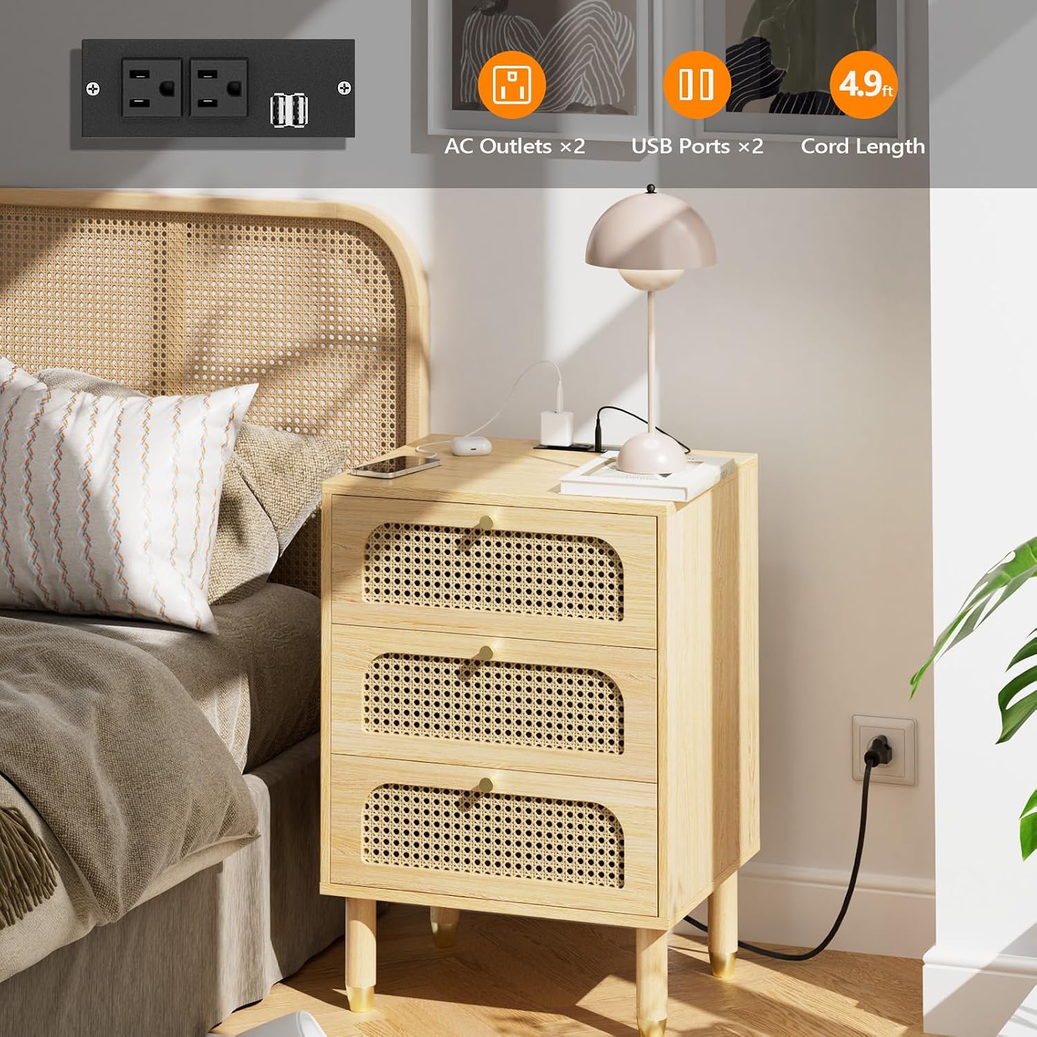 Rattan Charging 3-Drawer Nightstand Set