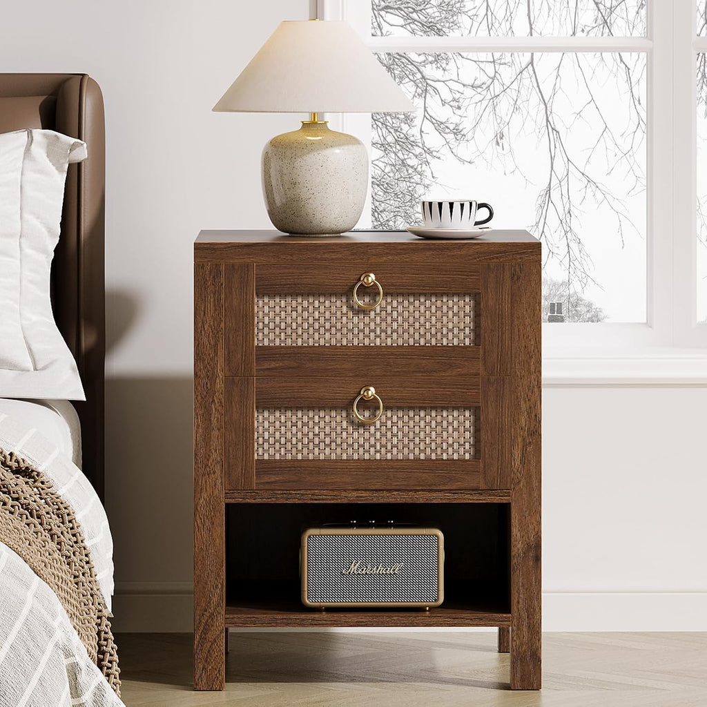 Walnut Rattan Charging Nightstand