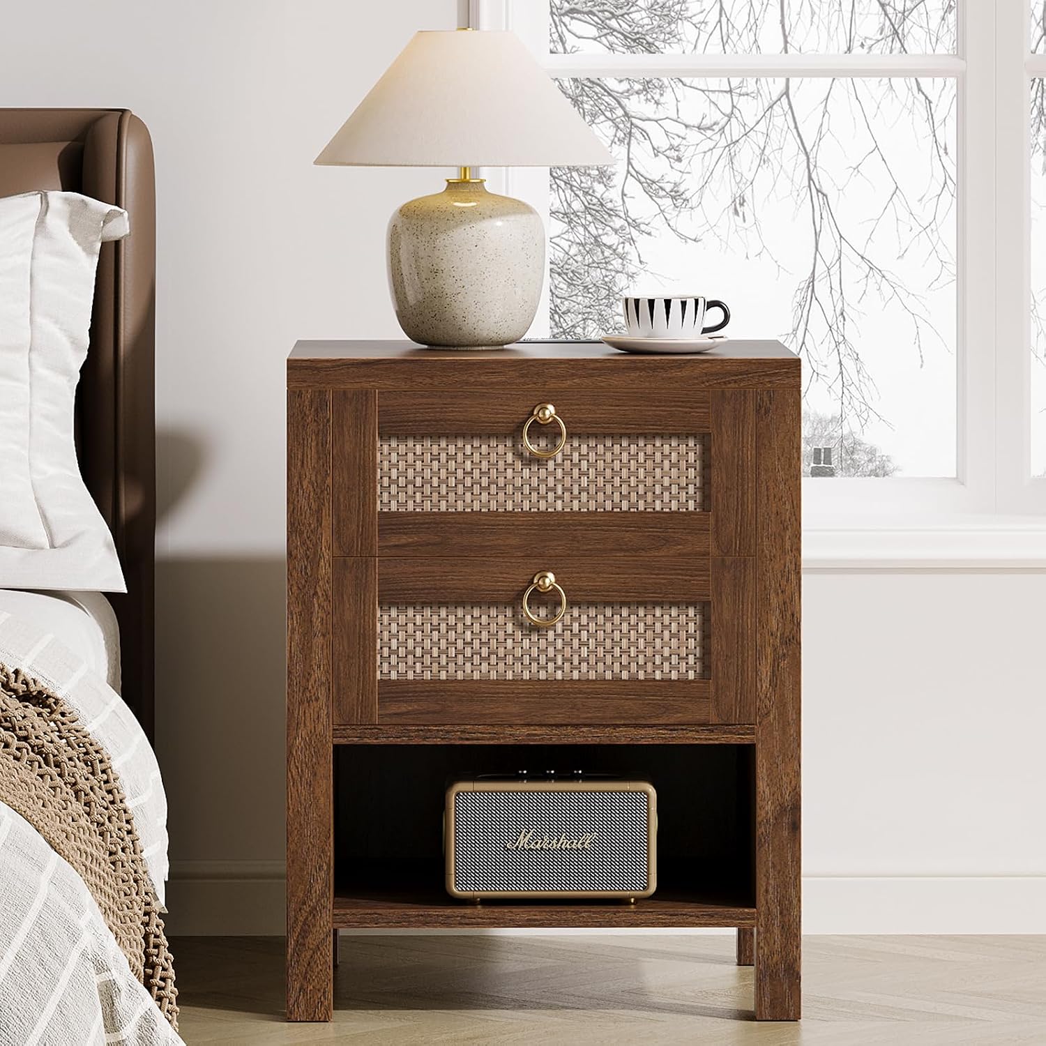 Walnut Rattan Charging Nightstand