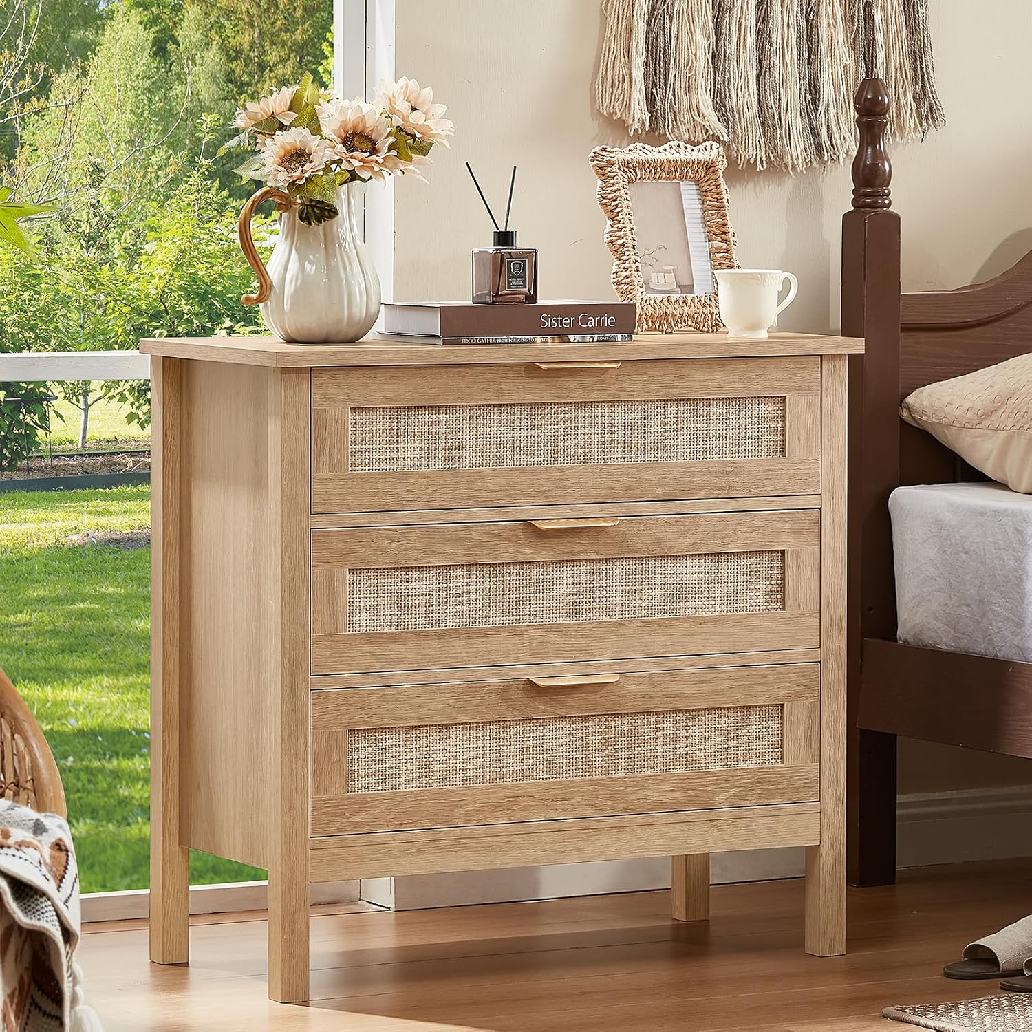 3-Drawer Large Rattan Nightstand Set