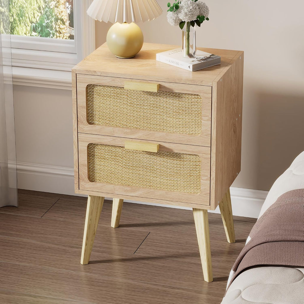 Rattan Wood Storage Nightstand