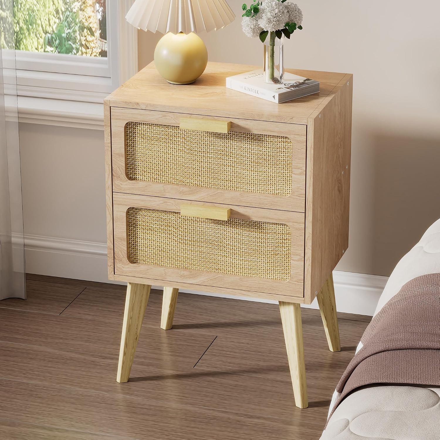 Rattan Wood Storage Nightstand