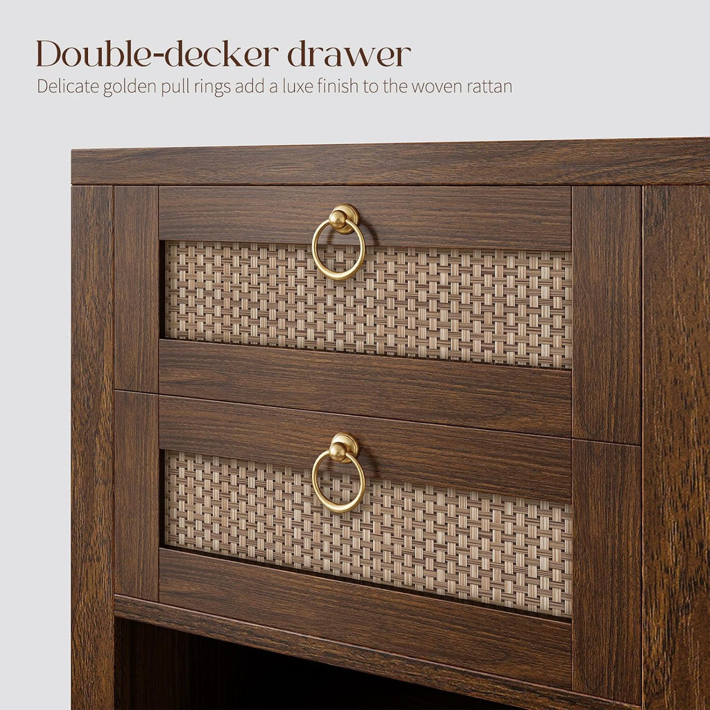 Walnut Rattan Charging Nightstand