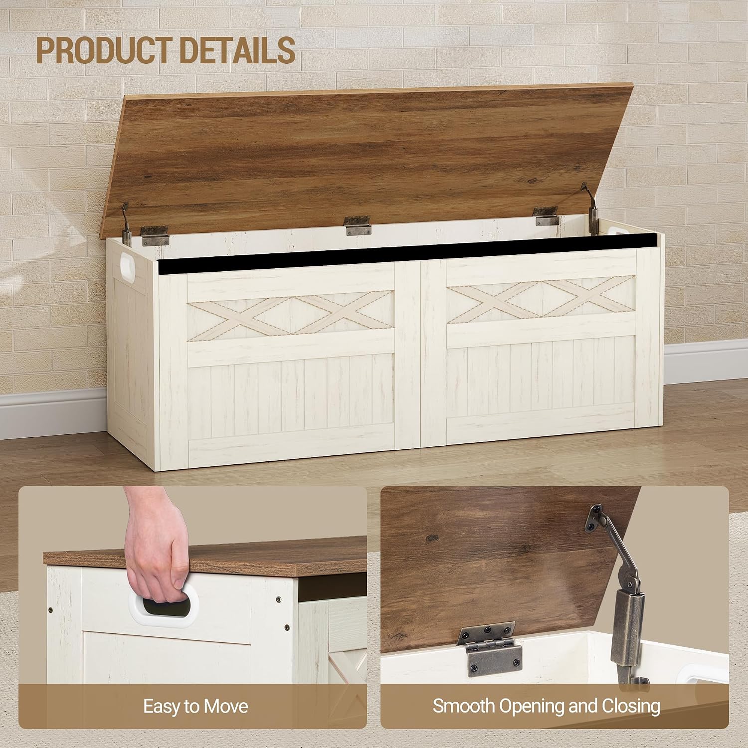 Retro White Farmhouse Large Lift Top Storage Bench