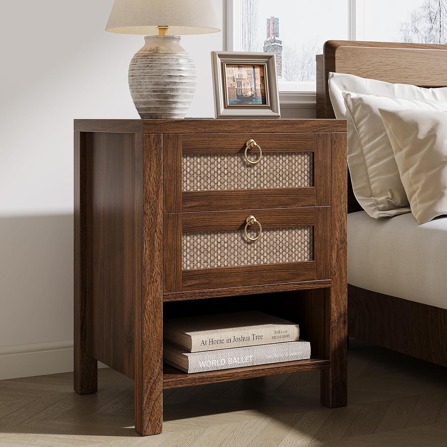 Walnut Rattan Charging Nightstand
