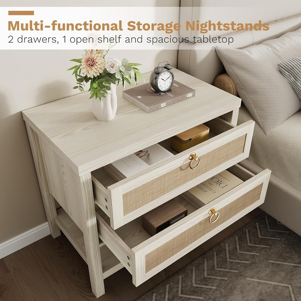 White Rattan Storage Nightstand Set