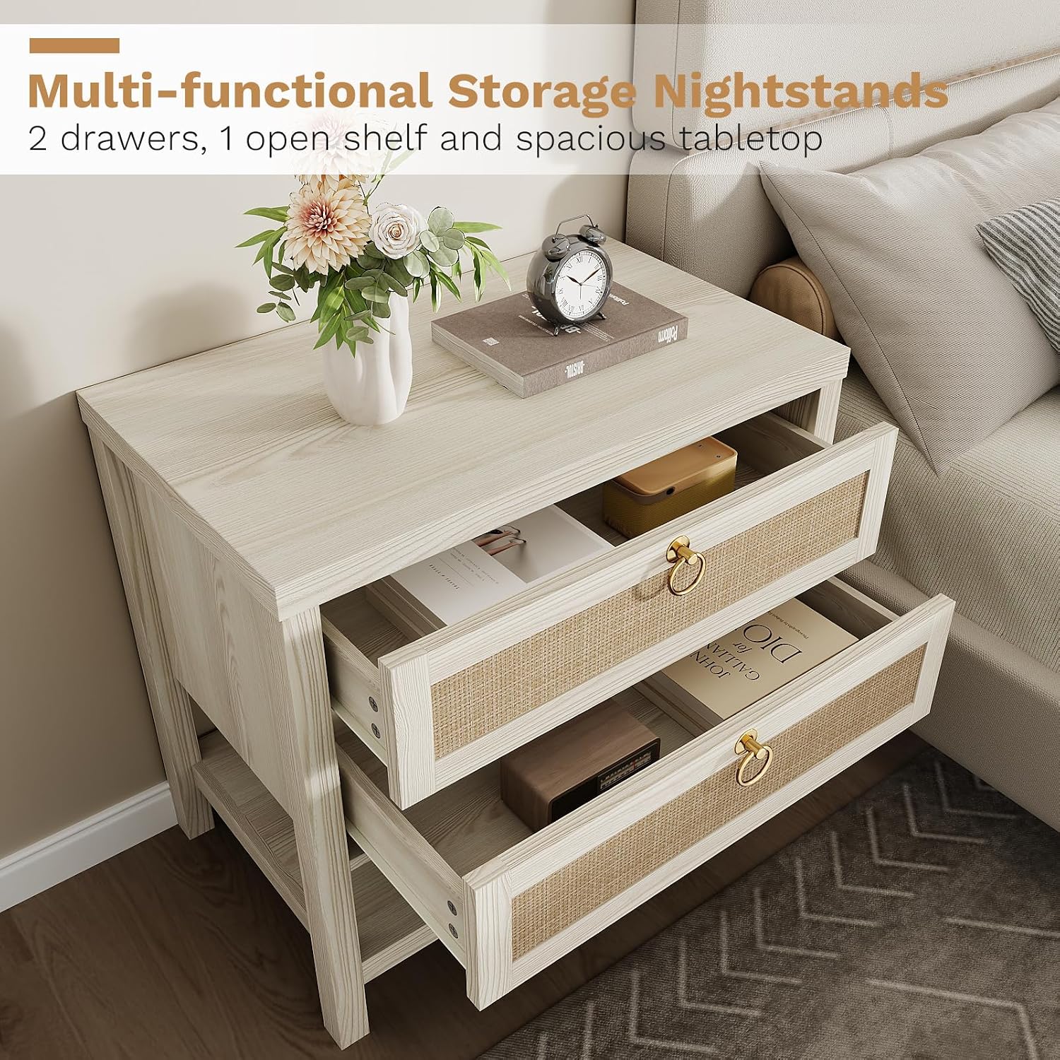 White Rattan Storage Nightstand Set
