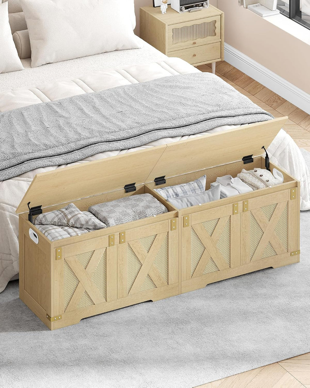Hzuaneri 59" Storage Chest, Extra Large Storage Trunk with 2 Safety Hinges, Farmhouse Wooden Box Bench, Lift-Top Organizer Chest, Entryway Trunk for Bedroom, Living Room, Camel Yellow SB15002Y