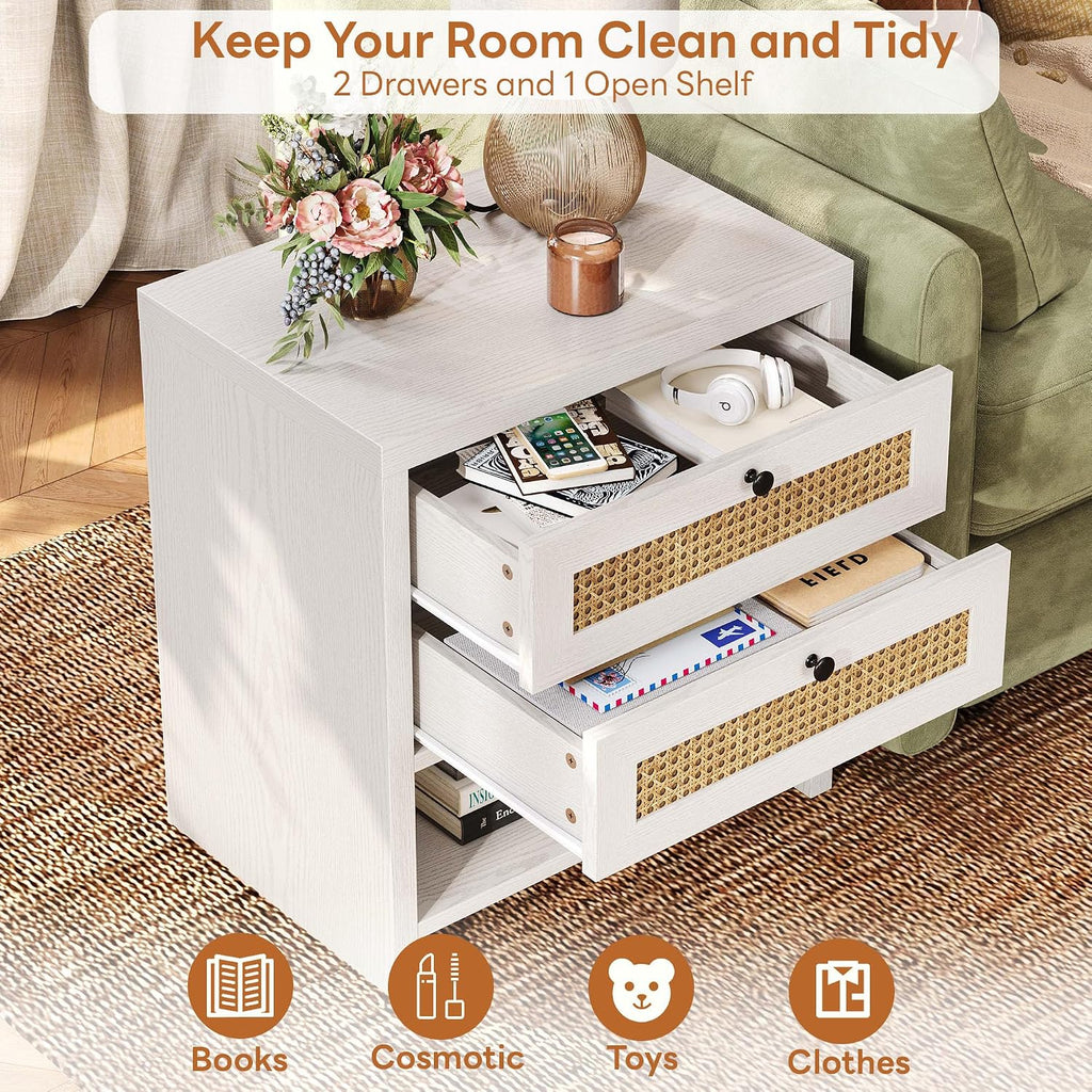 White Oak Rattan Charging Nightstand