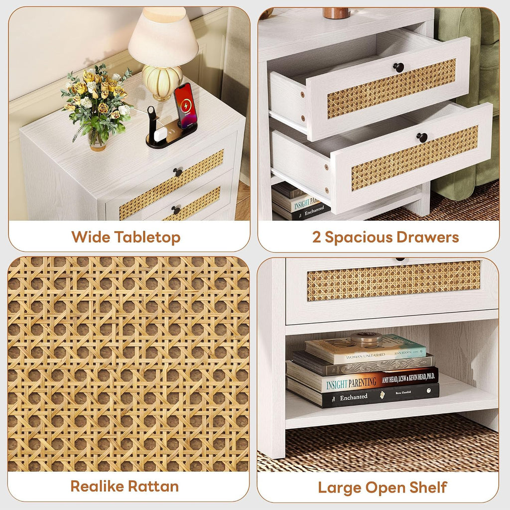 White Oak Rattan Charging Nightstand