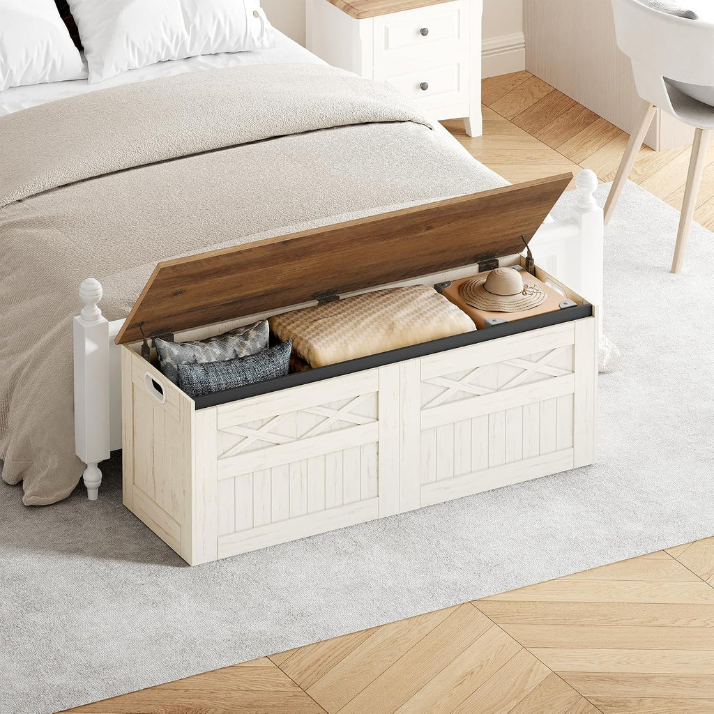 Retro White Farmhouse Large Lift Top Storage Bench