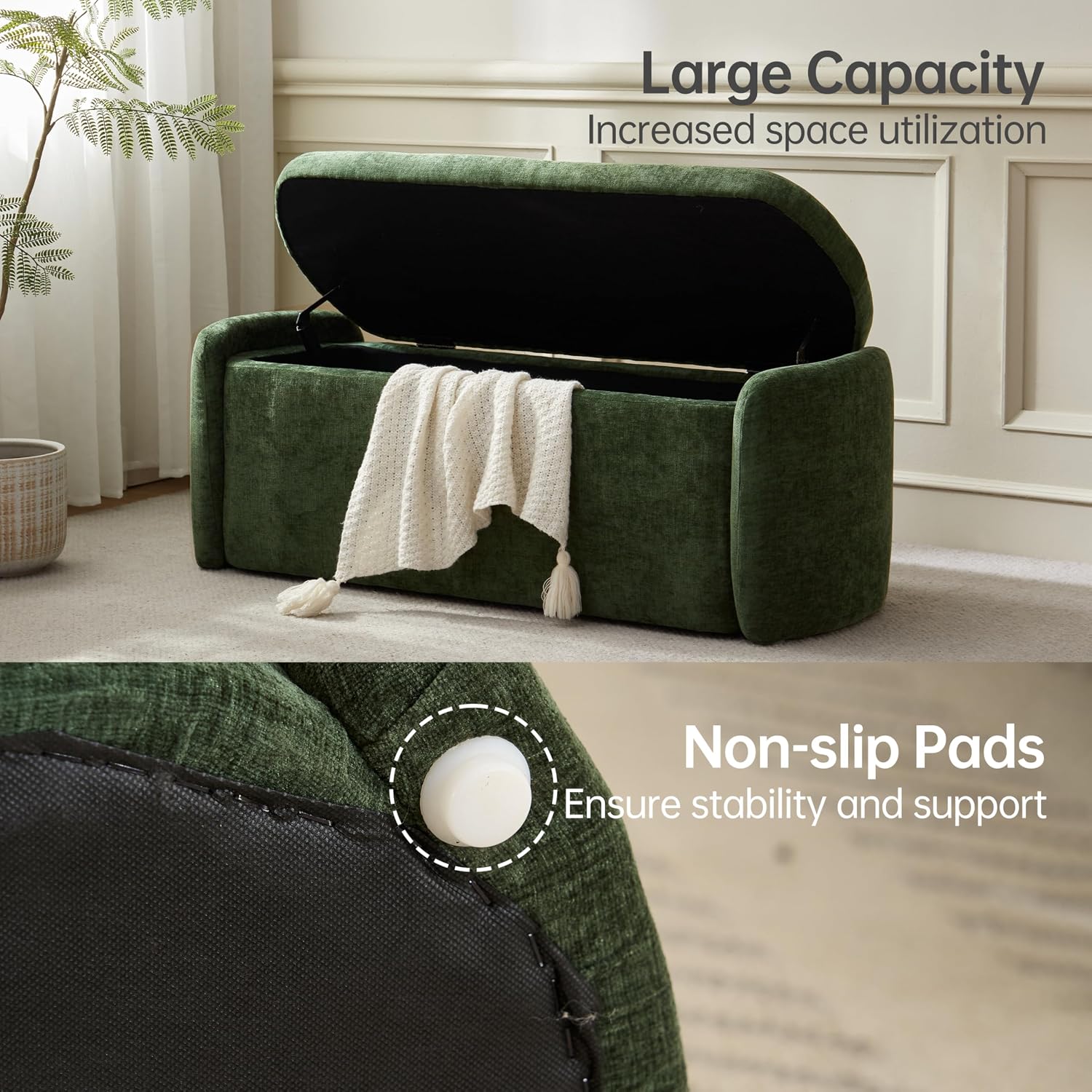 Green Sherpa Oval Storage Ottoman Bench